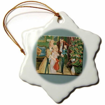 3dRose Vintage Christmas Card Family On Christmas Morning with Presents under the Tree - Snowflake Ornament,