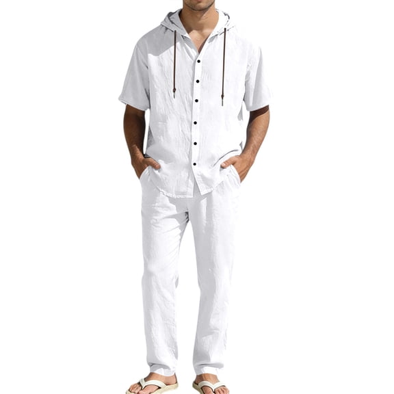 Men's 2 Piece Hooded Short Sleeve Shirt And Long Pants Set, Lightweight Linen Style Casual Summer Outfit For Vacation, Daily Wear And Outdoor Loungewear,White,L
