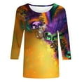 thumbnail image 5 of Cavosen Mardi Gras 3/4 Length Sleeve Womens Tops Dressy Carnival Shiny Mask Graphic Print Blouse Crewneck Party Holiday Tops Casual Stylish Festival Shirts Party Funny Tees Purple L, 5 of 5