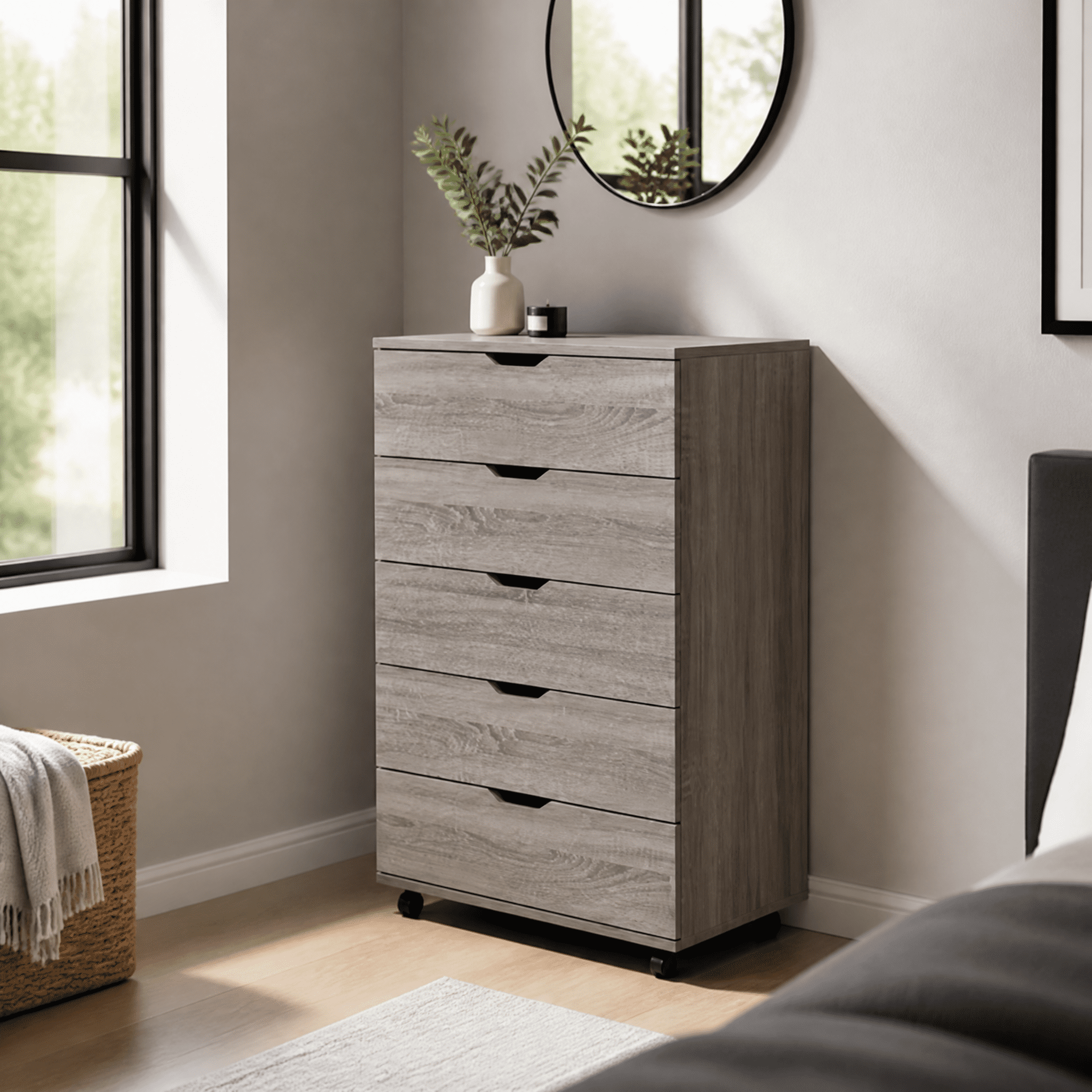 Gray 5‑Drawer Dresser with Lockable Wheels, Modern Mobile Storage Cabinet with Cut‑Out Handles