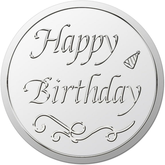 25sheets 100pcs 1.5 Inch Happy Birthday Silver Foil Stickers Silver Embossed Envelope Seals Stickers Round Hat Self Adhesive Stickers Medal Decoration Label for Birthday Party Stickers