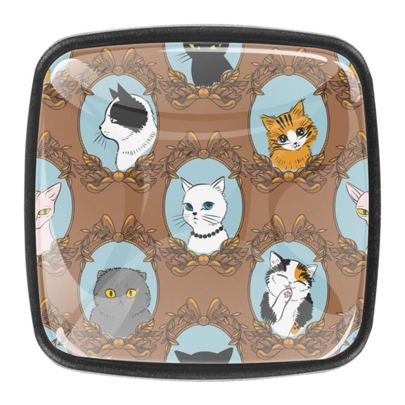 4 Pcs Square Cabinet Handle Cupboard Knob Drawer Pulls Handle Funny Retro Cats Drawer Knobs with Screws Furniture Decoration