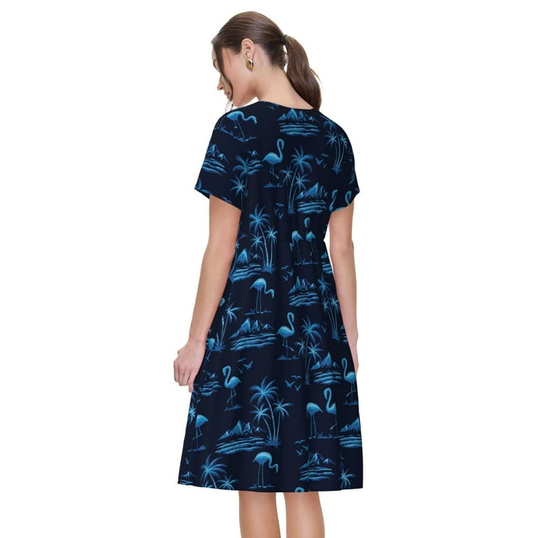 Horeoi Blue Flamingo Birds Print Women's Short Sleeve Dress Breathable Polyester-Spandex All-Over Print A-Line Side Pockets Elastic Waist, Size: XL