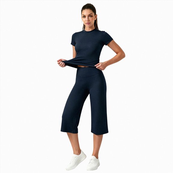 vigerkar Workout Sets for Women Two Piece Matching Wide Leg Capri Pants Gym Work Yoga Pilates Outfits (Navy, M)