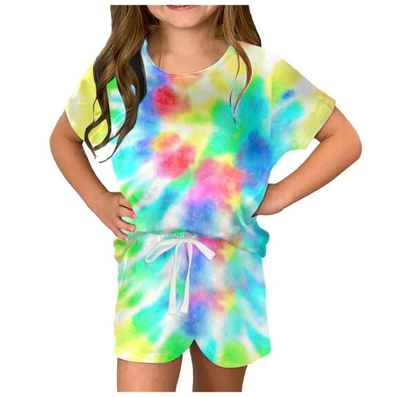 Hienoo Toddler Girls Summer Clothes Set Tie Dyed Short Sleeve T-Shirt Shorts Outfits