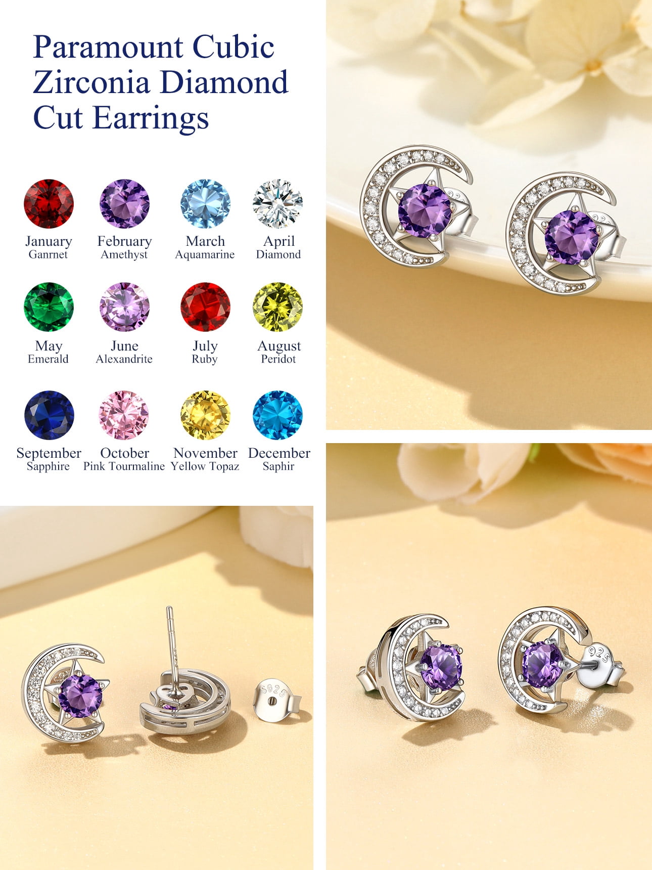 Suplight Sterling Silver Moon Star Earrings Cubic Zirconia Birthstone Jewelry Gift for Women