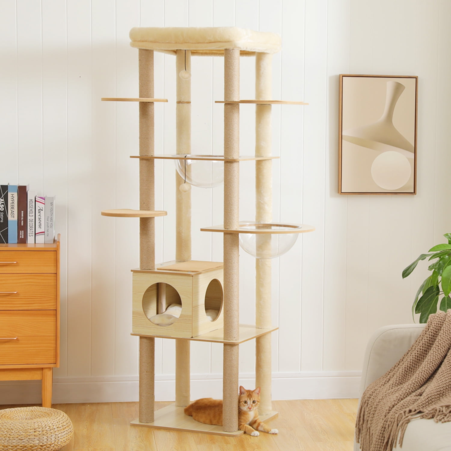 Kadyn 71" Wooden Cat Tree Tower for Multiple Cats, Modern Cat Tree House with Cat Condo for Indoor Cats, Beige