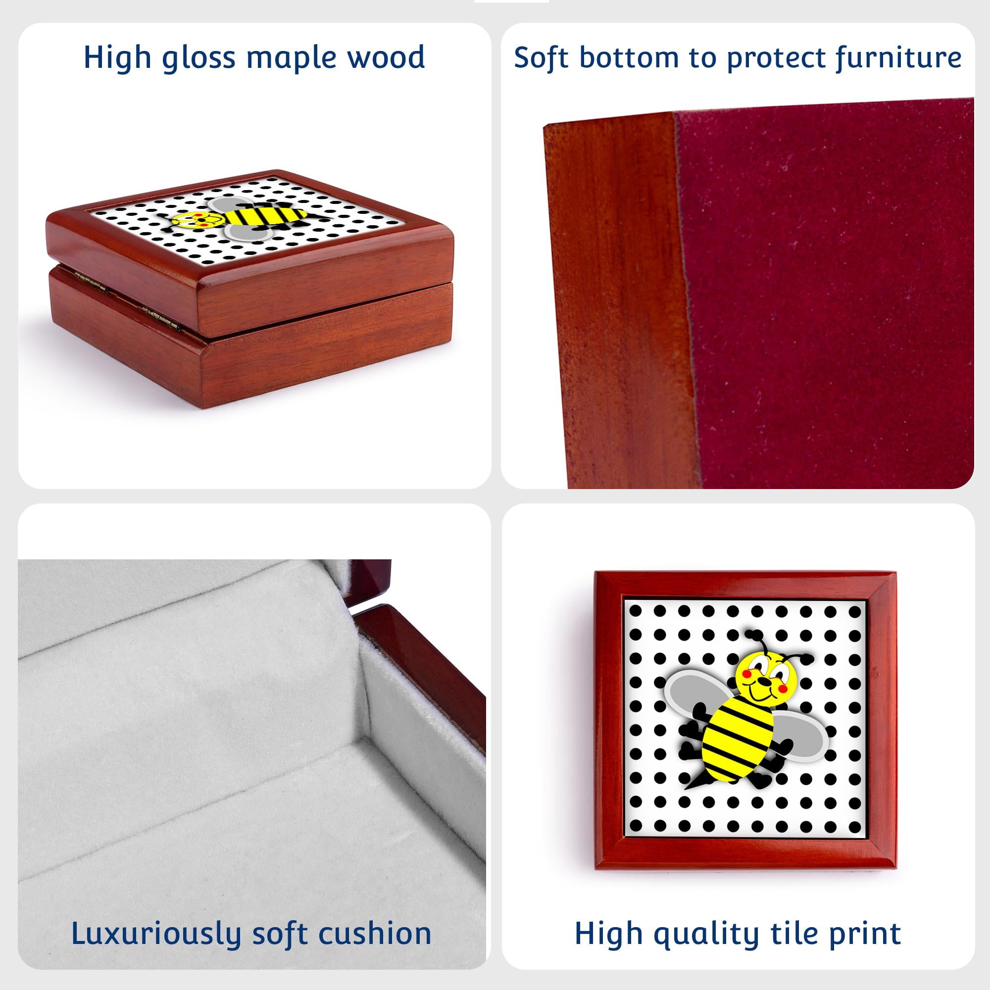 3dRose, Print of Cute Bumble Bee Cartoon On Dots, Jewelry Box 5.5x5.5 inch with 4 inch tile