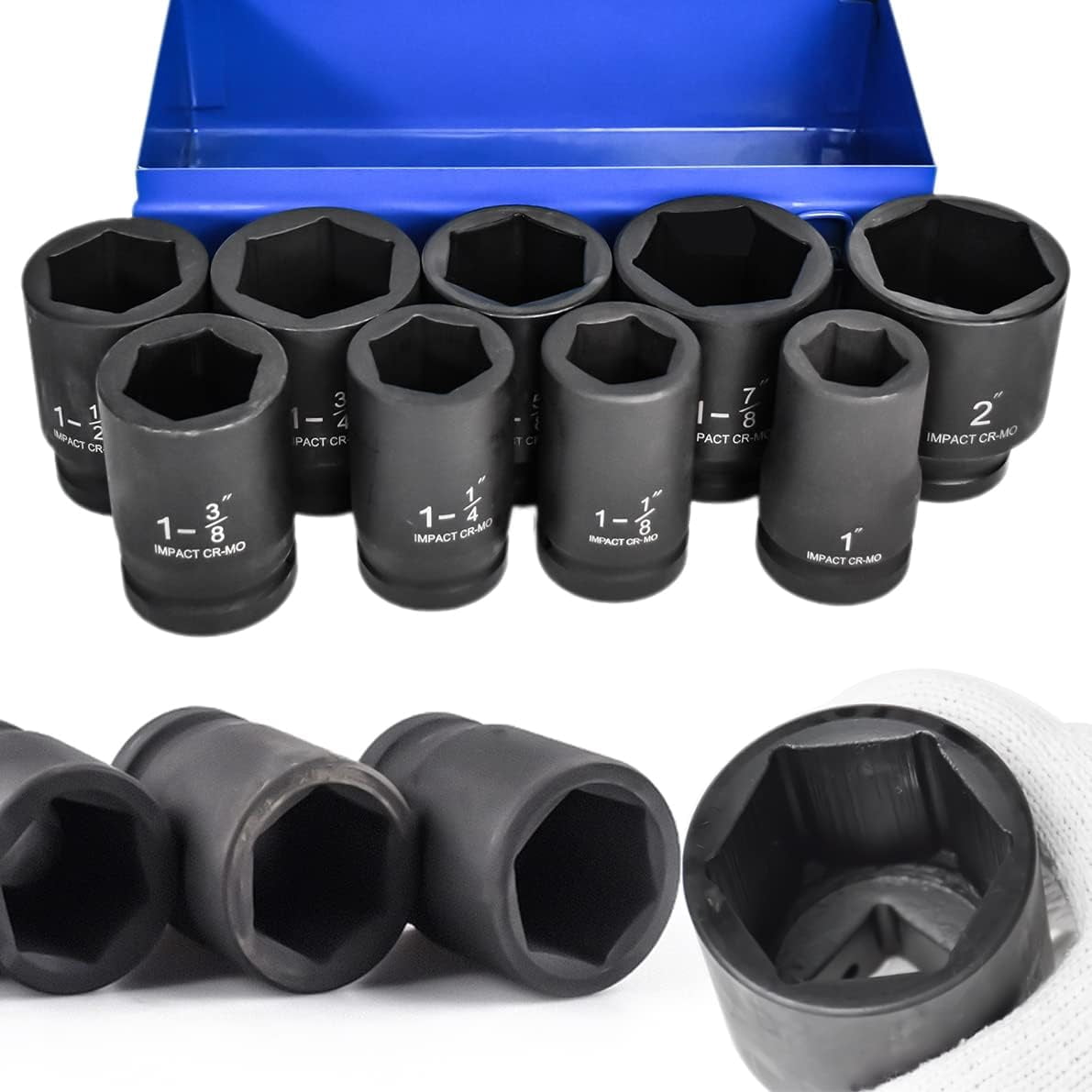 iMeshbean 9 pcs 1" Deep Impact Socket Set 6-Point SAE 1 Inch- 2 Inch CR-MO Steel Heavy Duty Sockets Tool Set with Carry Case