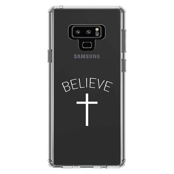 DistinctInk Clear Shockproof Hybrid Case for Samsung Galaxy Note 9 - TPU Bumper Acrylic Back Tempered Glass Screen Protector - BELIEVE - Cross, Jesus