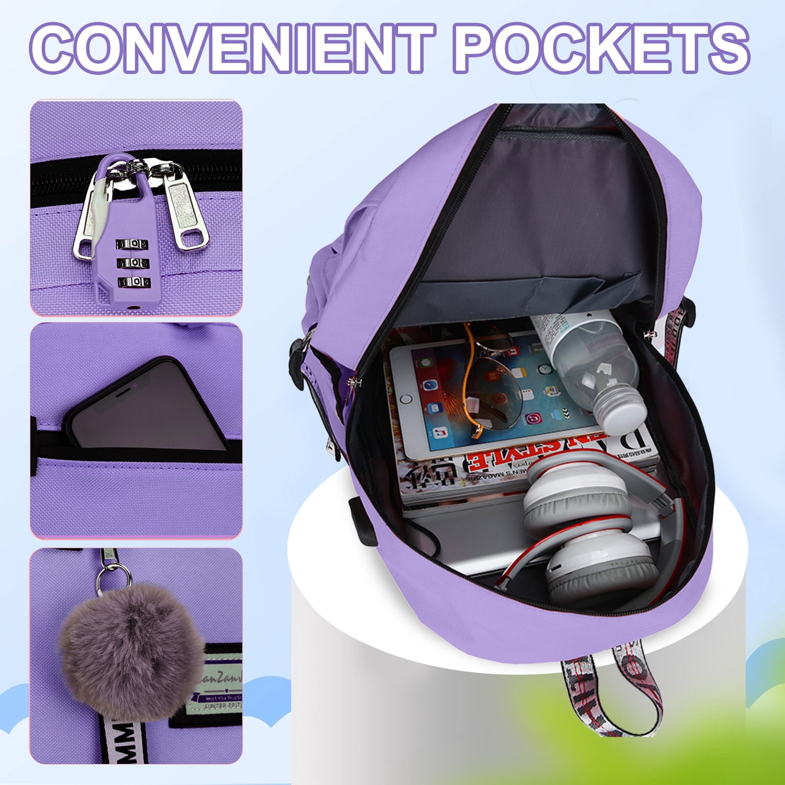 DAKIMOE Fashion Teenage School Backpack Student Middle School bag Men and Women Anti-theft Laptop Backpack with USB Charging Port, Purple