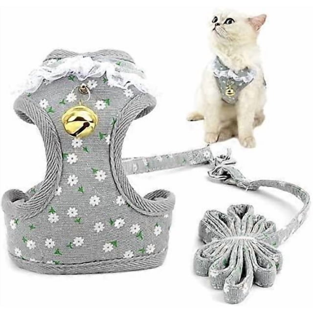 YOITEA Escape Proof Cat Harness and Leash Set Adjustable No Pull Mesh Padded Puppy Kitten Vest with Lace Collar Bell, Cute Floral Strawberry Printed S
