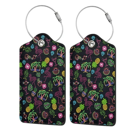 2 Pack Luggage Tag For Suitcases, Neon Flamingo Pineapple Leather Suitcase Tags Identifiers With Privacy Name Address Labels & Durable Steel Loop For Women Men Travel
