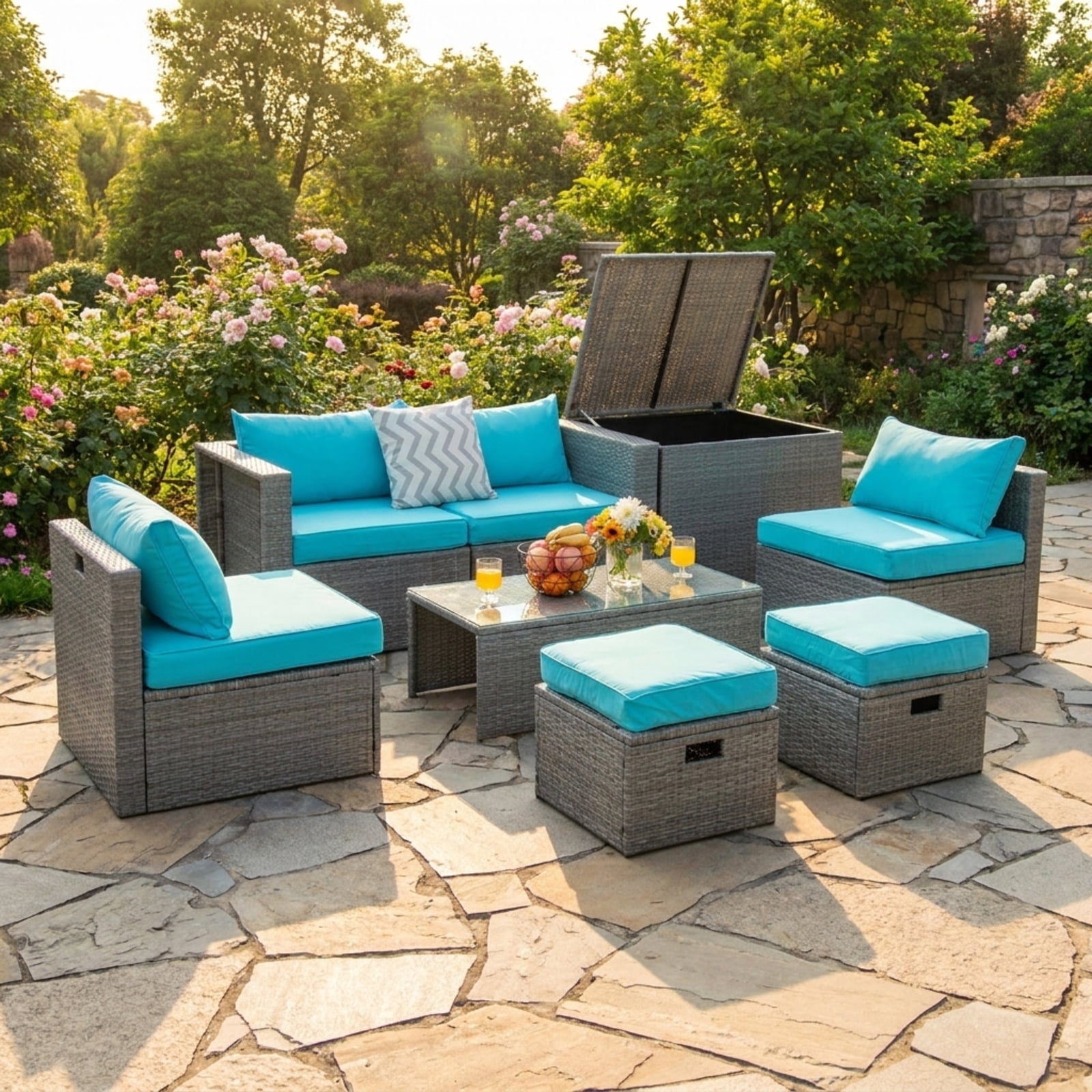 Furnibear 8 Piece Patio Rattan Furniture Set Outdoor Wicker Sectional Conversation Set with Storage Cover Cushions and Glass Table, Turquoise