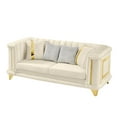 thumbnail image 6 of 89 Inches Velvet 3 Seater Luxury Sofa with Gold Stainless Steel Trims and Embroidered Texture, Mid Century Modern Victorian Tufted Couch for Living Room with 2 Fur & 2 Gold Strip Pillows (Beige), 6 of 11