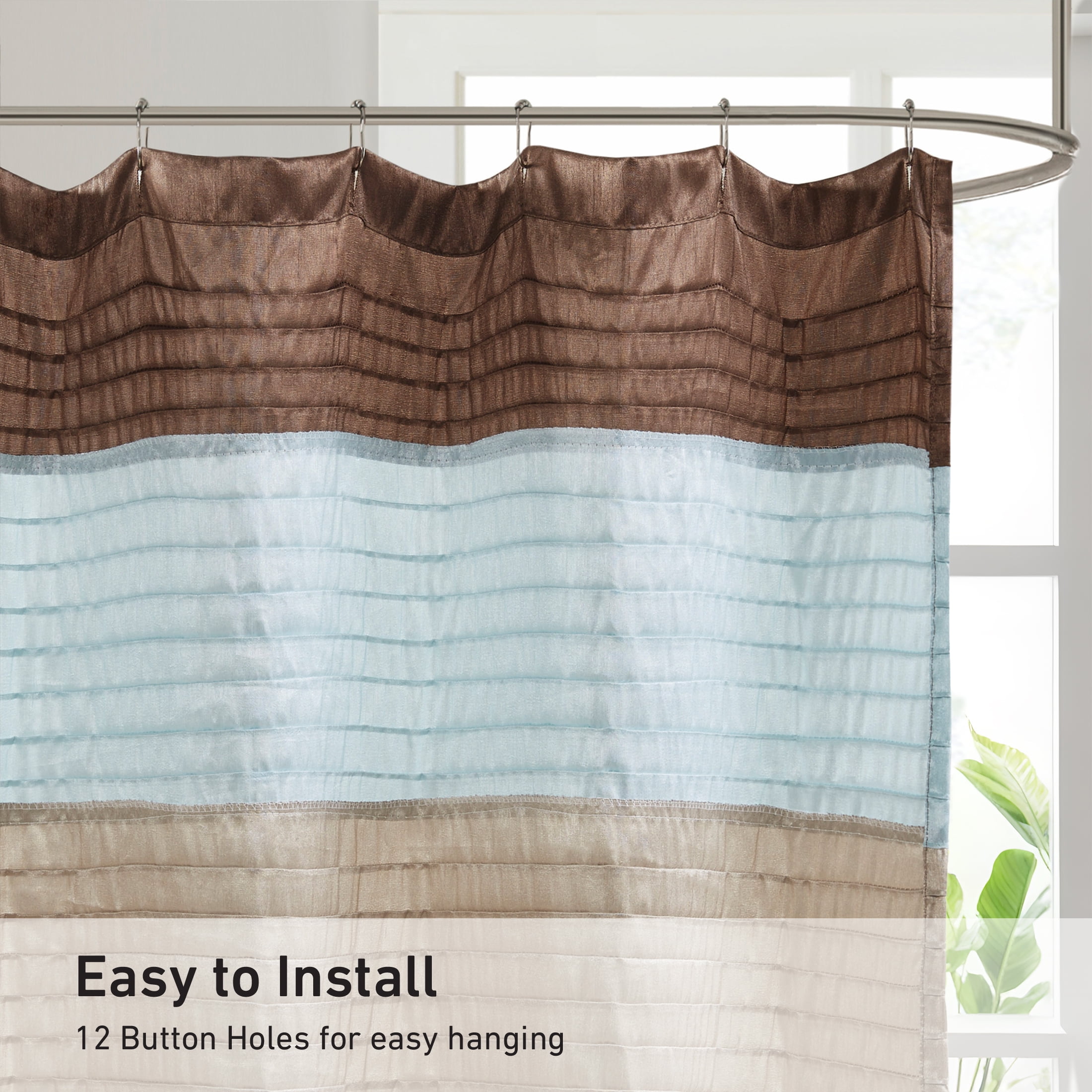 Madison Park Blue/Brown Faux Silk Shower Curtain, Striped Lightweight Bath Curtain Decor, Brown Curtain for Bathroom, 72"x72"