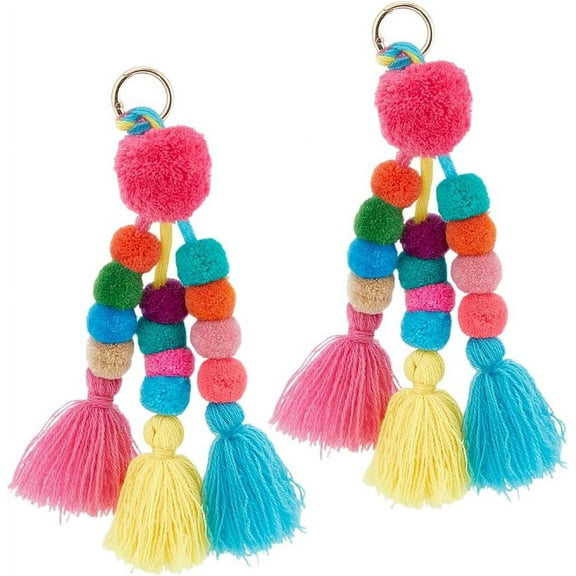 2Pcs Boho Bag Charm Colorful Pom Pom Ball Tassel Keychain Keyring Dark Color 9.25 Inch for Women Handbag Decoration