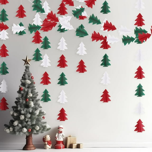 Christmas Tree Garland 3D Hanging Paper Tree Streamers Banner Red White Green Paper Xmas Hanging Garlands for Christmas New Year Birthday Party Decoration,2 Pcs*13 ft,Topboutique