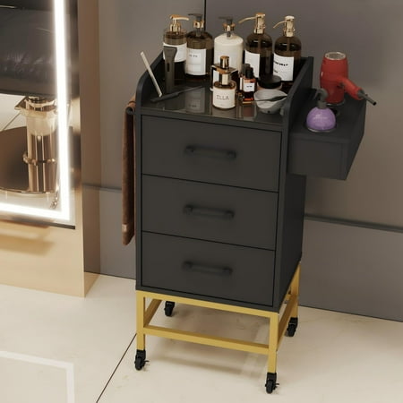 Advwin Salon Station Storage Cabinet  Salon Trolley Cart with Wheels & 3 Alloy Hair Dryer Holders Glass Top Beauty Salon Stations for Hair Stylist Salon Cabinet Barber Stations Spa Equipment