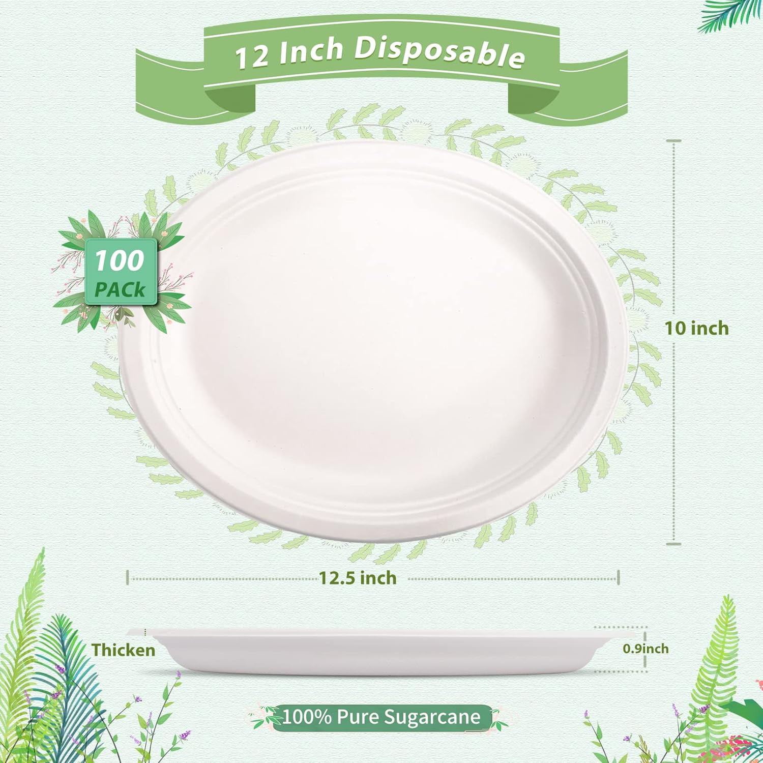 100Pack Disposable Paper Plates,12.5 Inch Oval Paper Plates,Super Strong Eco-Friendly Plates,100% Compostable Biodegradable Plates,White Oval Paper Dinner Plates for Party,Picnic,Large,Thicken