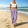 thumbnail image 4 of Women Vertical Striped Wide Leg Ankle Pants, Elastic Drawstring High Rise Loose Cropped Trousers with Functional Side Pockets Lightweight Daily Matching Pants Purple XL(XL), 4 of 7