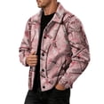 thumbnail image 4 of GrmtClth Autumn Mens Leaf Camo Retro Lapel Trucker Jacket Long Sleeve Snap Placket Loose Fit Fall Daily Outerwear Pink S, 4 of 7