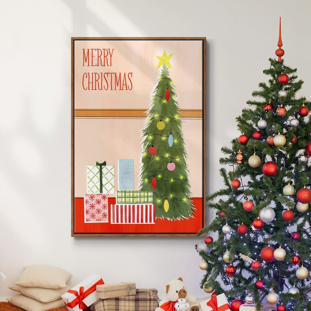 Christmas Stockings Collection B - Framed Gallery Wrapped Holiday Canvas - 17 x 25 - Rosewood Frame
