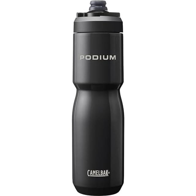 CamelBak Podium Steel Botella de agua aislada para bicicleta de acero inoxidable - para ciclismo, fitness y deportes - Se adapta a la mayoría de jaulas para bicicletas, 22 oz - Negro