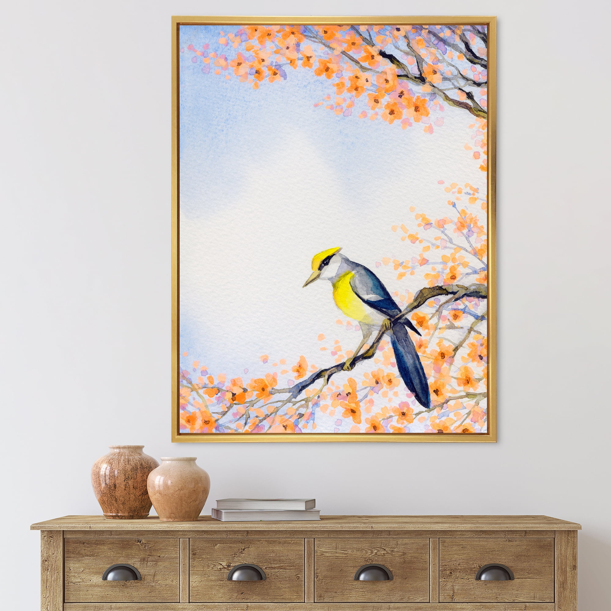 Beautiful Blue Bird Sitting On Flowering Branch II 24 in x 32 in Framed Painting Canvas Art Print, by Designart