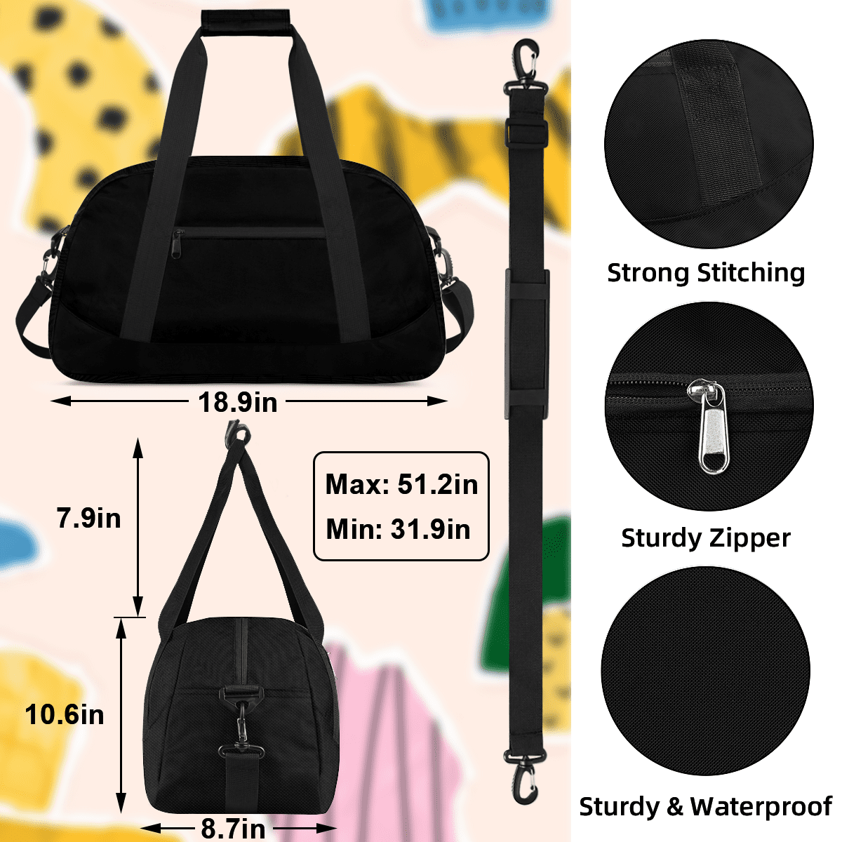 Herdesigns Black Sports Duffle Bag for Women & Men, Gym Bag Dance Bag Overnight Bag Carry On Weekender Travel Bag