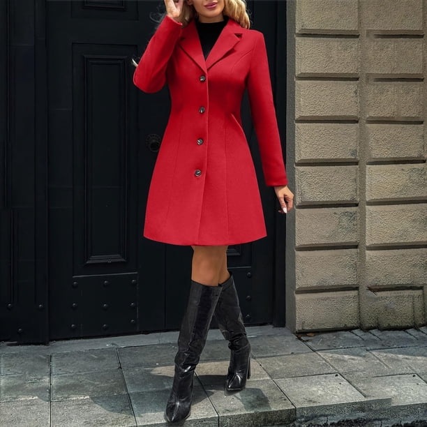 Wool Womens Coat, Solid Casual Thicken Wool Stand Collar Coat with