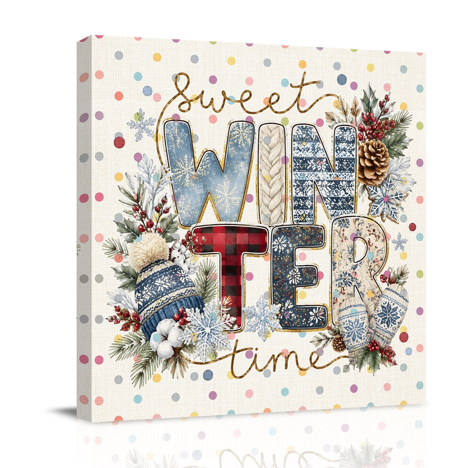 Canvas Wall Art Christmas Framed Canvas Prints for Bathroom Desk Winter Snowflake Berries Pinecones Beige Dots Small Gallery Wrapped Wall Decor for Home Office Gifts 8 x8 Ship Next Day