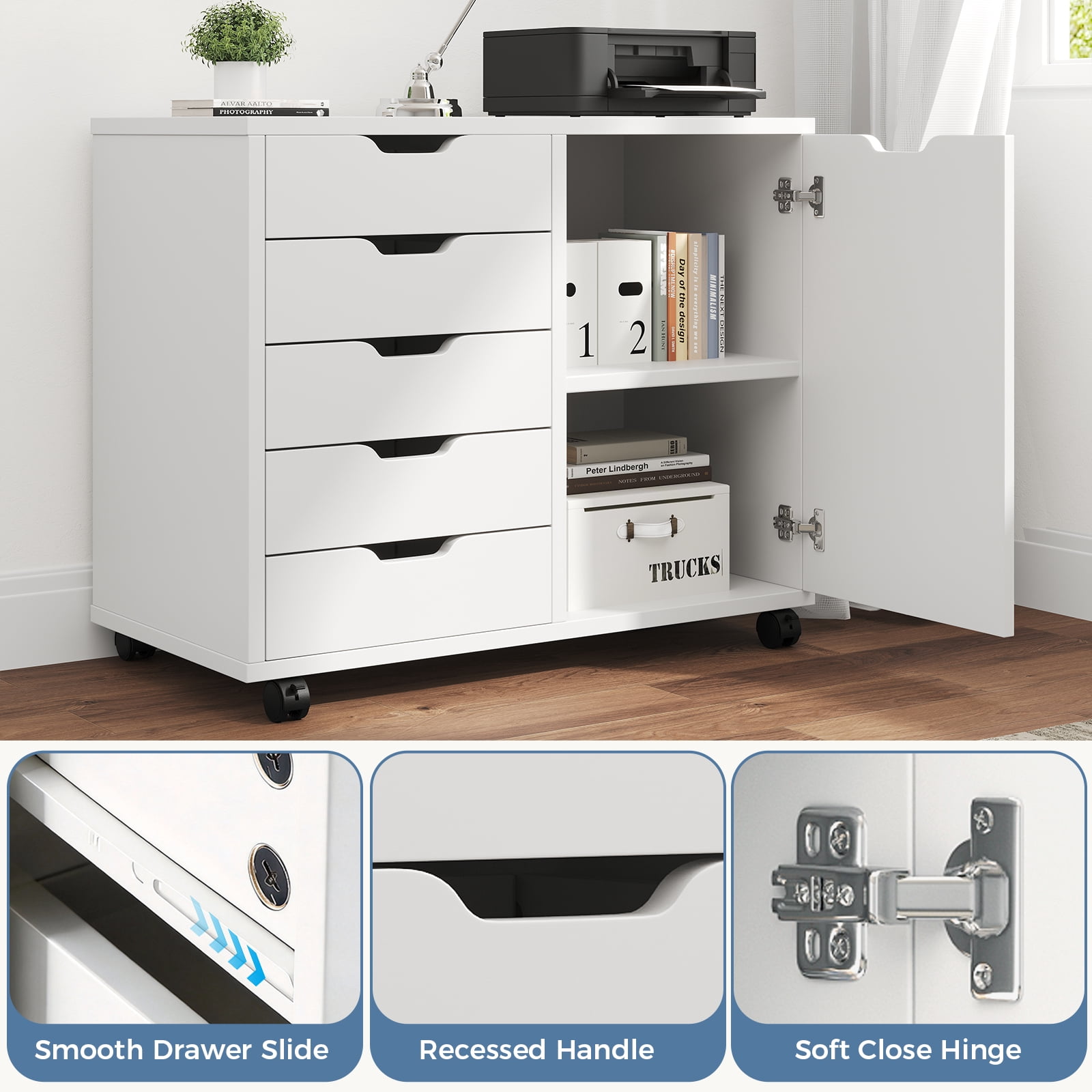 Gianna 5-Drawer Wood File Cabinet, Mobile Printer Stand with Adjustable Shelf & Wheels, Storage Shelves for Home Office