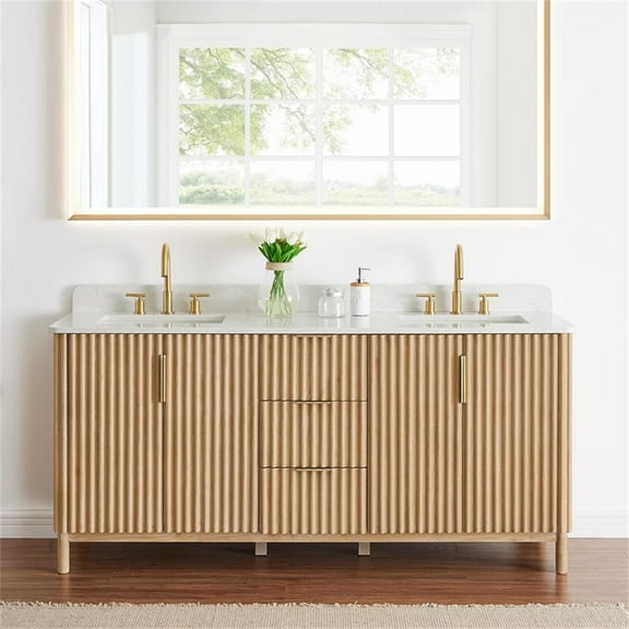 Pemberly Row 72" Wood Vanity - Washed Light Brown Engineered Stone Top no Mirror