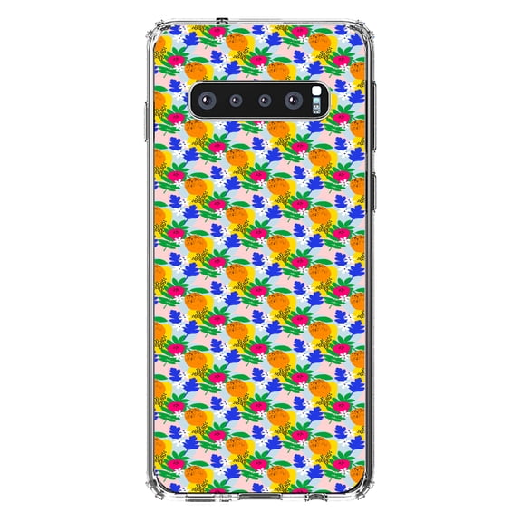 DistinctInk Clear Shockproof Hybrid Case for Samsung Galaxy S10  PLUS(6.4" Screen) - TPU Bumper, Acrylic Back, Tempered Glass Screen Protector - Summer Vibes Floral Pattern Orange Blue Yellow