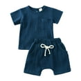 thumbnail image 1 of B91xZ Boy's 2 Pieces Summer Outfits Summer Short Set Outfit Short Sleeve Ruffle Tops and Pants 2PC Clothing Set,Dark Blue 6-9 Months, 1 of 5