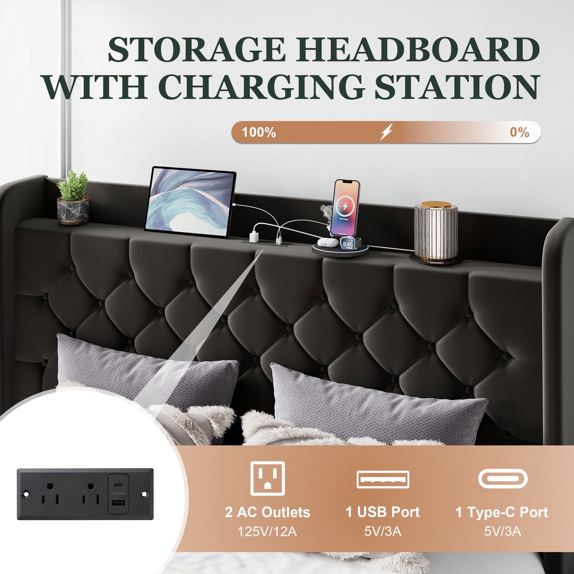 Einfach King Bed Frame, Upholstered Platform Bed with Storage Wingback Headboard and Fast Charging Hub, No Box Spring Required, Black