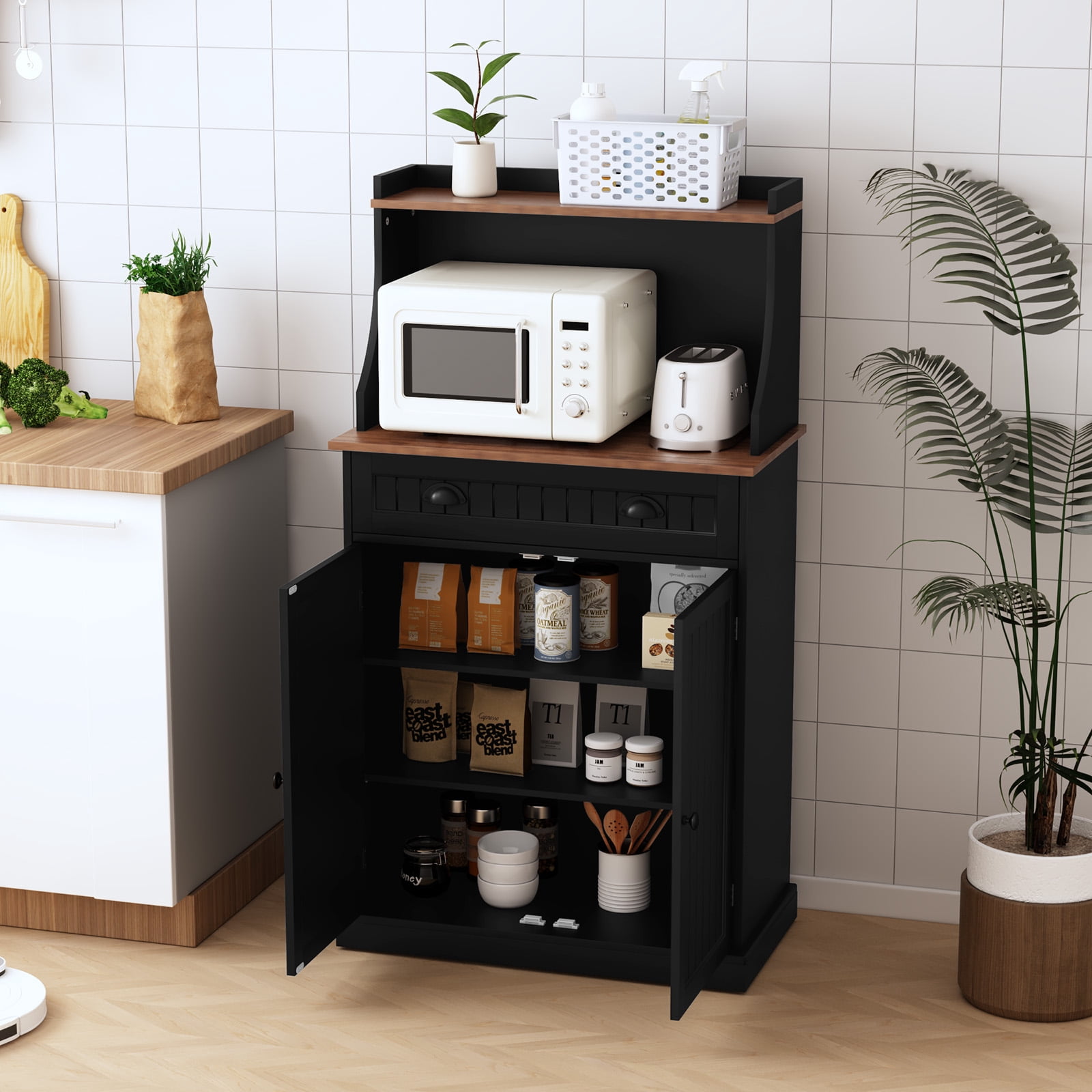 Kitchen Microwave Pantry Storage Cabinet with Drawers & Cabinets for Kitchen Organization, Black