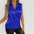 thumbnail image 6 of Tank Tops for Women under $5 Sleeveless V-Neck Satin Pleats Casual Solid Blouse Blue L, 6 of 6