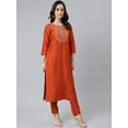 thumbnail image 6 of Janasya Indian Women's Rust Orange Poly Silk Solid Kurta with Pant and Dupatta, 6 of 10