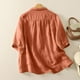 thumbnail image 5 of Vestidos Casuales Para Mujer, Blusas De Mujer De Moda Blusa de lino sintético con bordado, mangas 3/4, botones y cuello vuelto para mujer, 5 of 8
