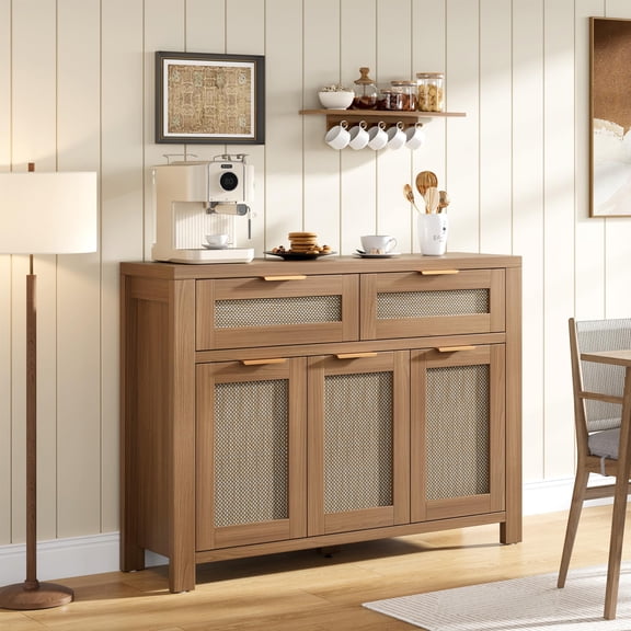 43" Rattan Sideboard Cabinet with Storage, Buffet Cabinet with 3 Doors & 2 Drawers, Coffee Bar Cabinet with Adjustable Shelves, Boho Farmhouse Sideboard for Living Room, Hallway & Kitchen (Dark Oak)