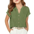 thumbnail image 2 of XIMIN Kids Girls Linen Shirts V Neck Button Down Shirt Cotton Short Sleeve Collared Loose Fit Blouse Drop Shoulder Casual Tops Trendy Lightweight Solid Color Crop Top, 2 of 5