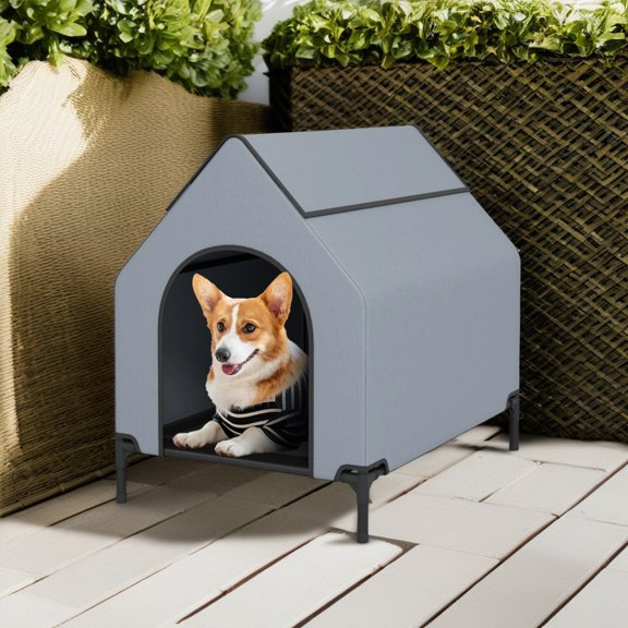 Demi Bonn 36" Dog House for Small Dogs Indoor or Outside, Weatherproof 600D PVC Dog Kennel Outdoor with Ventilated Windows, Elevated Dog Cooling Bed, Gray