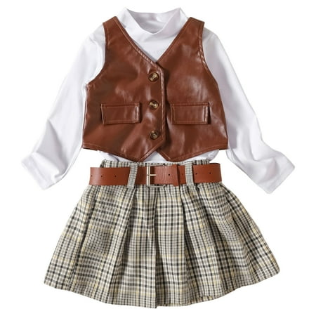 

Summer Toddler Girls Long Sleeve Solid Color Tops Fart Vest Jacket Plaid Pleated Skirt Belt Outfits Set For Kids Clothes Baby Fashion Dailywear Child Clothing