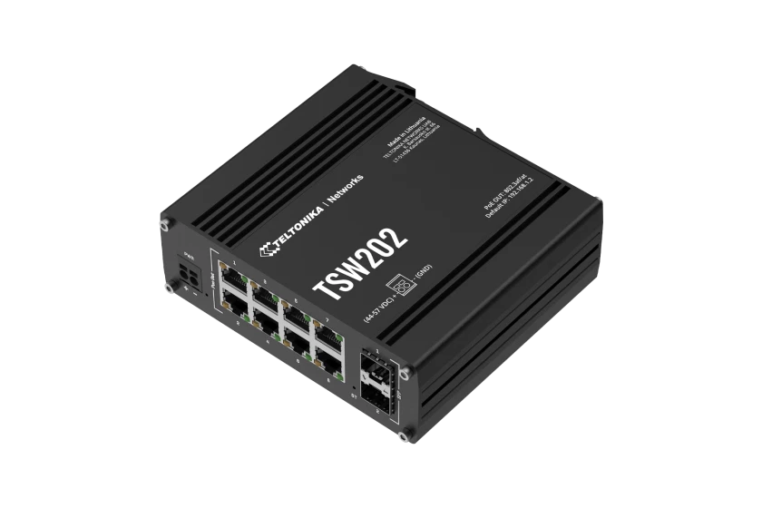 Teltonika TSW202 Managed PoE+ Switch, 8 x Gigabit Ethernet, 2 x SFP, Profinet Certified, Integrated DIN Rail Bracket