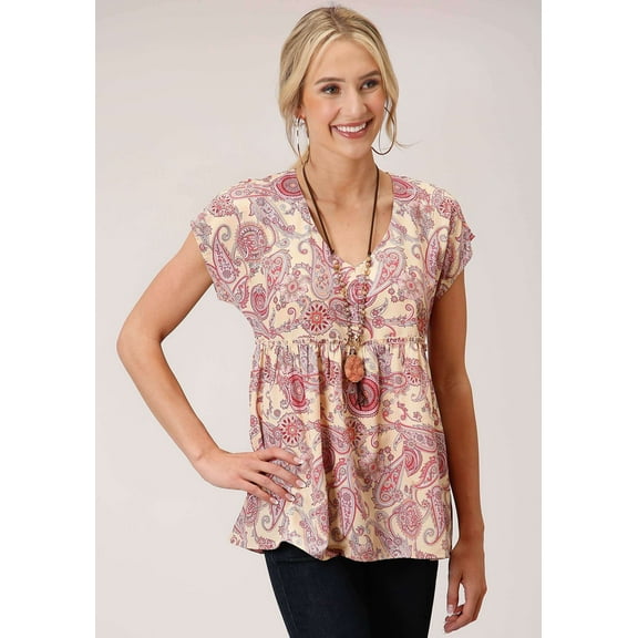Roper Womens Short Sleeve Spring Paisley Print Poly Crepe Blouse