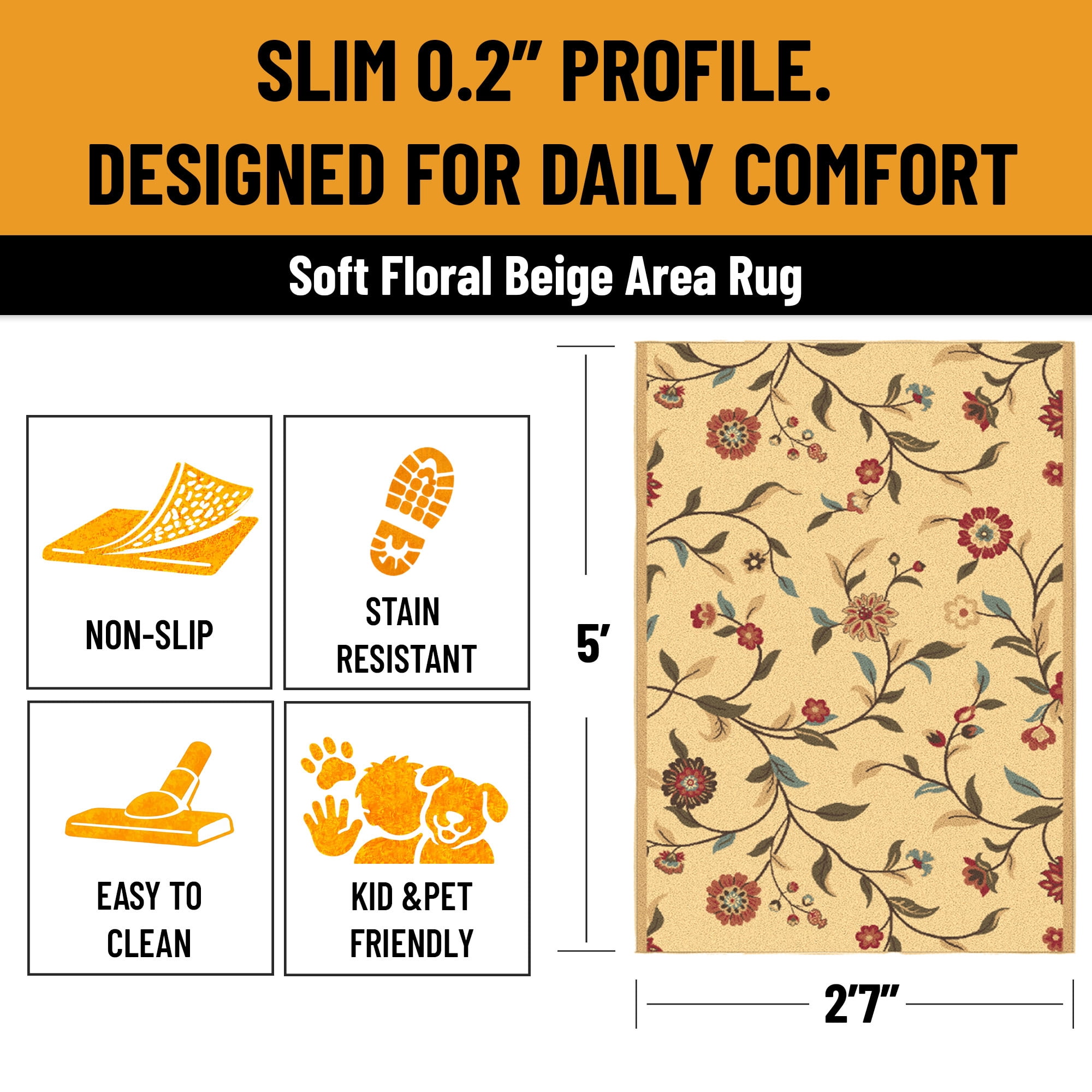 Ottomanson 2'7" x 5' Area Rug – Non-Slip Low Pile Stain Resistant Rug for Bedroom & Entryway, Floral Beige