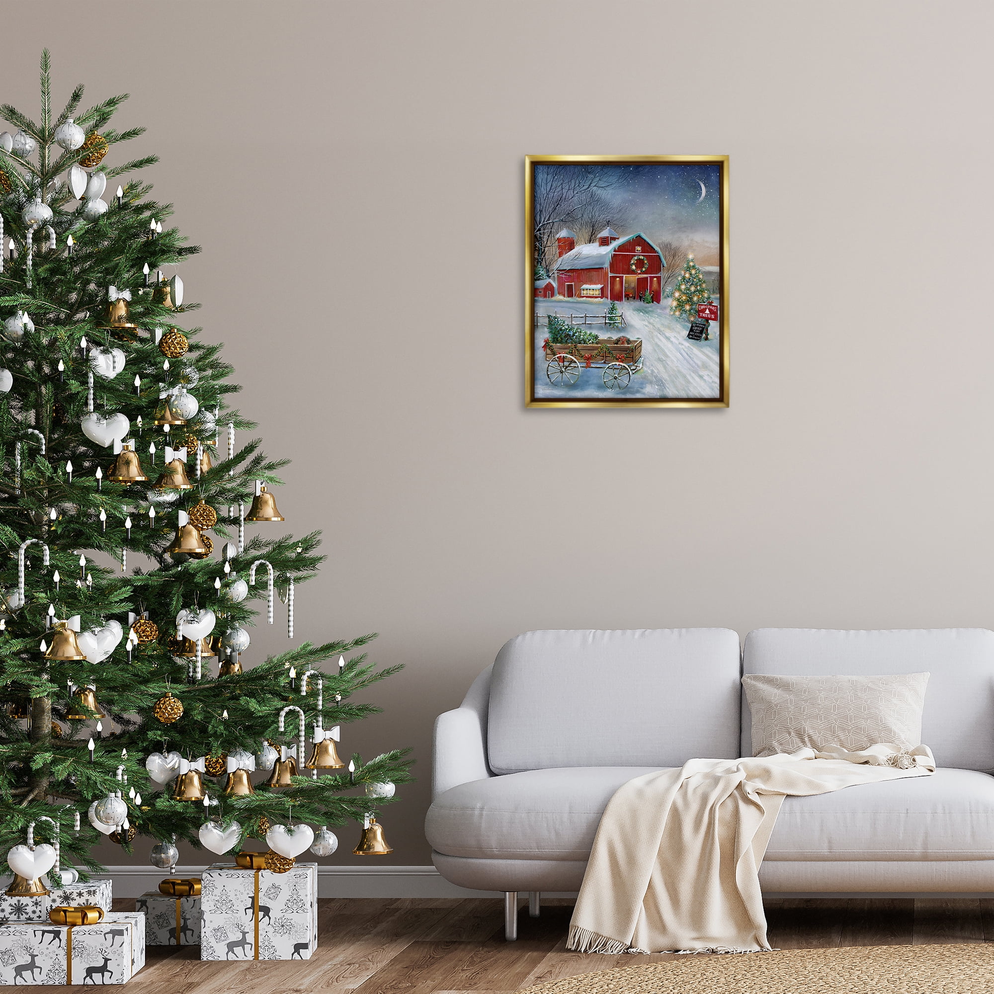 Stupell Industries Holiday Wagon & Barn Holiday Painting Gold Floater Framed Canvas Art Prints Wall Art, 25 x 31