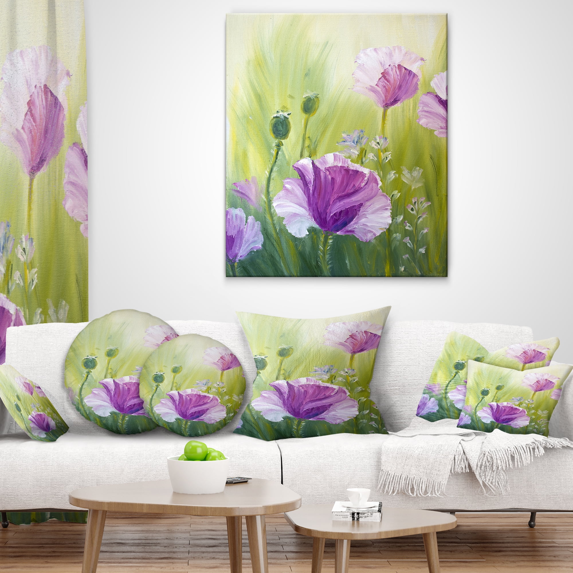 Designart Purple Poppies in Morning - Floral Throw Pillow - 18x18